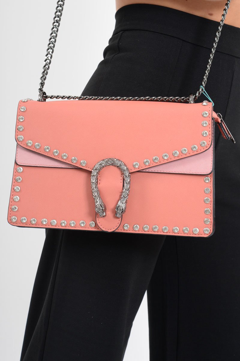 Peach Diamante Studded Animal Head Bag - Janey-Bags