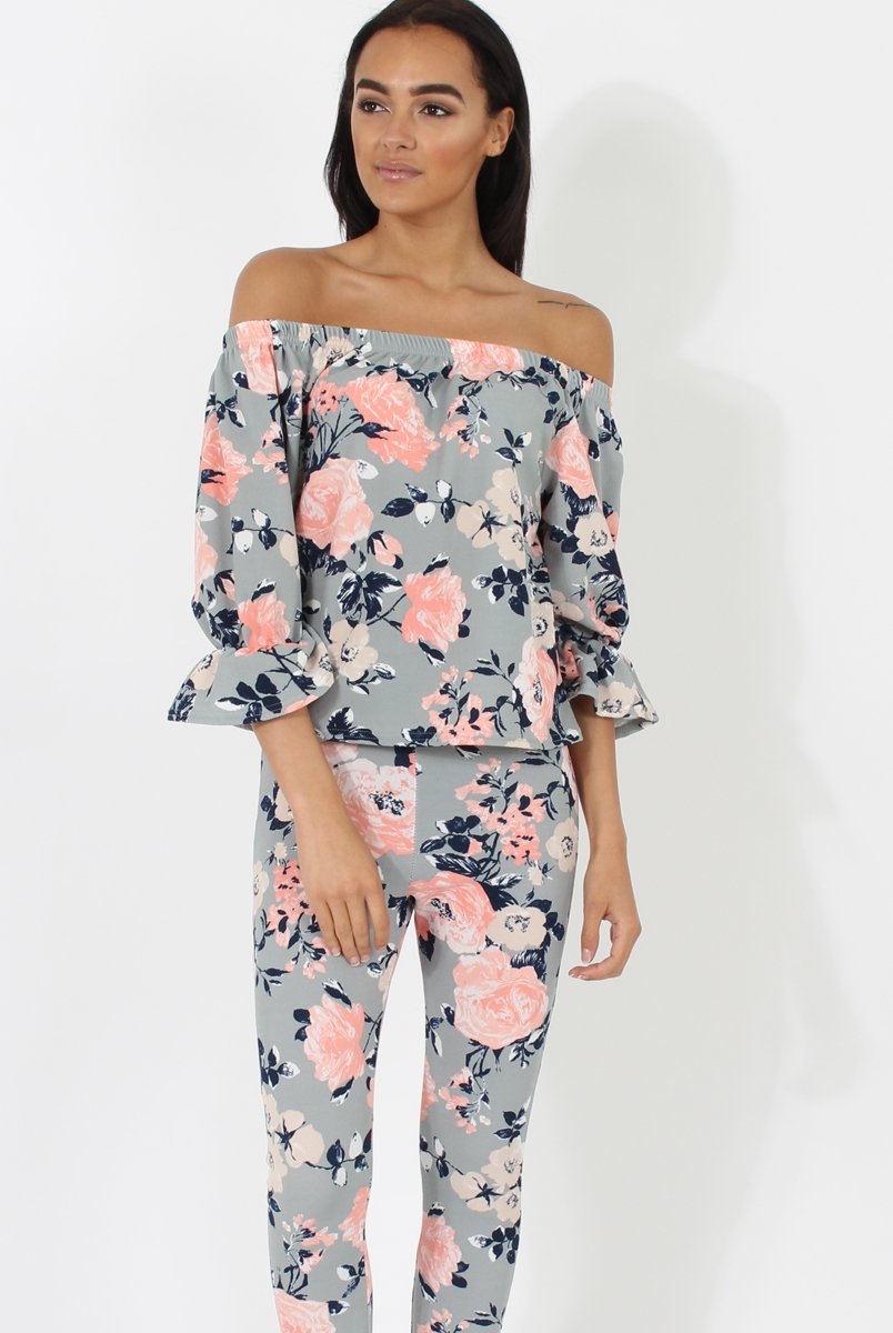 Peach Floral Off The Shoulder Co-ord- Lydia-Co-ords