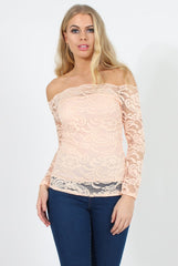 Peach Lace Bardot Top - Ariel-Tops