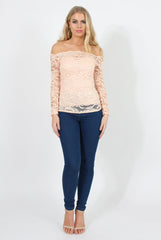 Peach Lace Bardot Top - Ariel-Tops