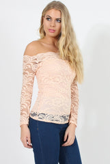 Peach Lace Bardot Top - Ariel-Tops