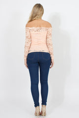 Peach Lace Bardot Top - Ariel-Tops