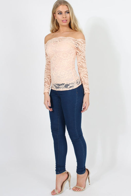 Peach Lace Bardot Top - Ariel