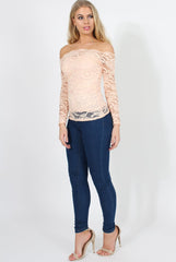 Peach Lace Bardot Top - Ariel-Tops