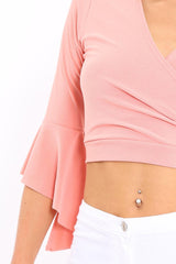 Peach Plunge Bell Sleeve Crop Top - Merla-Crop Tops