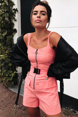 Peach Plunge Belted Waist Sleeveless Playsuit - Kerstyn-Playsuits