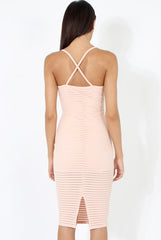 Peach Ribbed Mesh Harness Midi Dress - Alma-Dresses