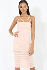 Peach Ribbed Mesh Harness Midi Dress - Alma-Dresses
