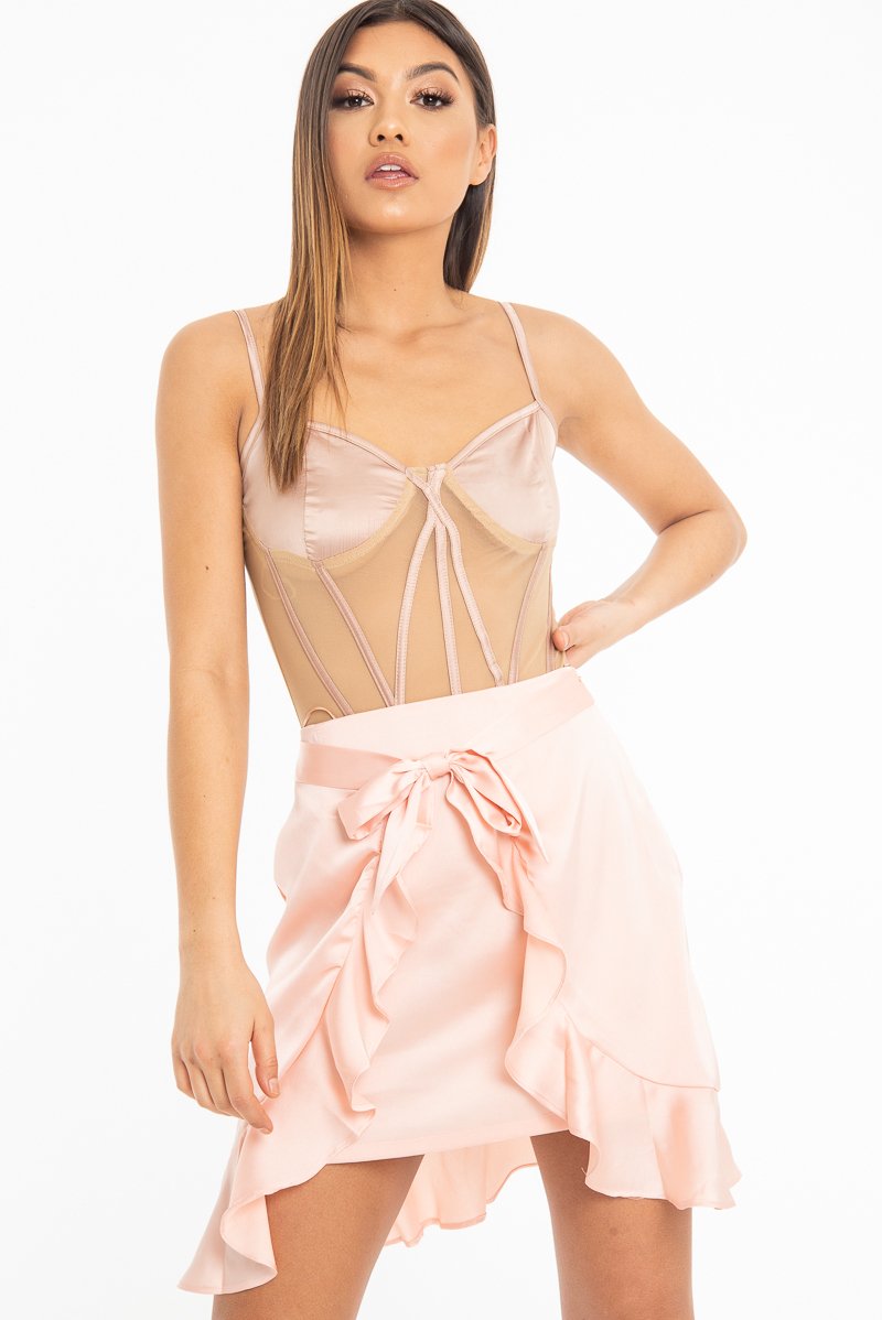 Peach Satin Ruffle Wrap Mini Skirt - Shania-Skirts