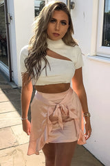 Peach Satin Ruffle Wrap Mini Skirt - Shania-Skirts