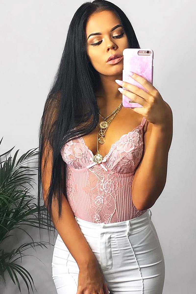 Peach Sheer Lace Bodysuit - Katia-Bodysuits