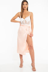 Peach Wrap Tie Side Satin Midi Skirt - Mailah-Skirts