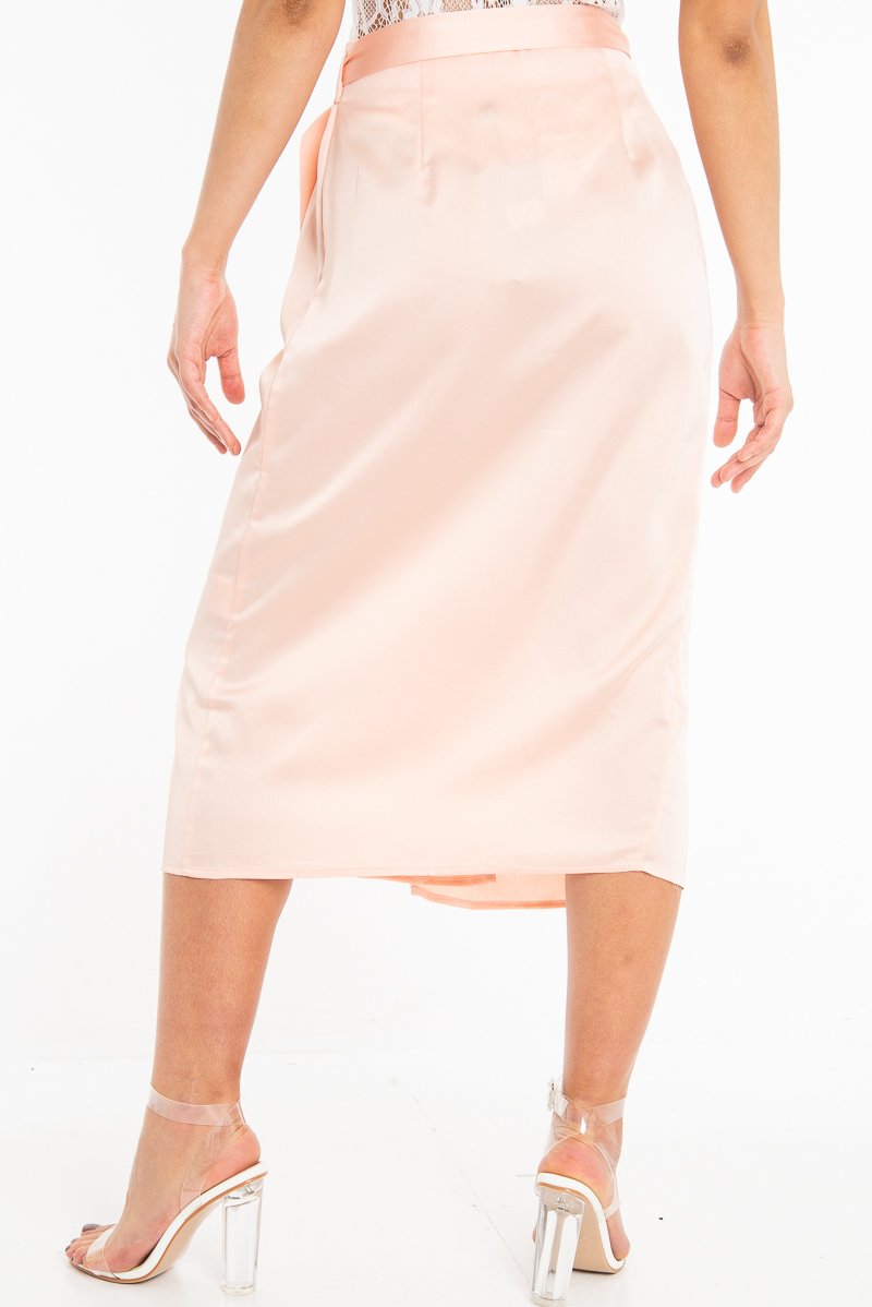 Peach Wrap Tie Side Satin Midi Skirt - Mailah-Skirts