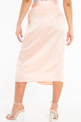 Peach Wrap Tie Side Satin Midi Skirt - Mailah-Skirts