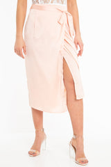 Peach Wrap Tie Side Satin Midi Skirt - Mailah-Skirts