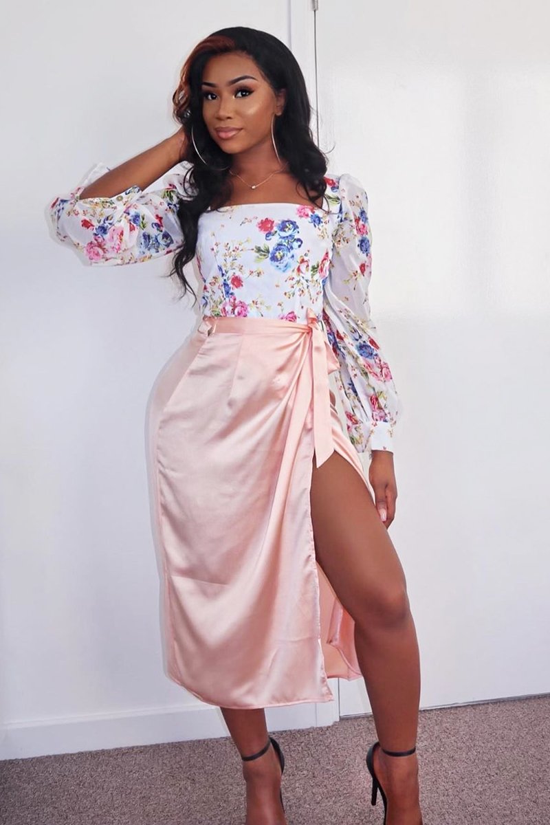 Peach Wrap Tie Side Satin Midi Skirt - Mailah-Skirts
