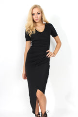 Perrie Black Ruched Asymmetric Dress-Dresses