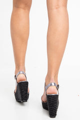 Pewter Faux Leather Woven Detail Wedges - Jasey-Wedges