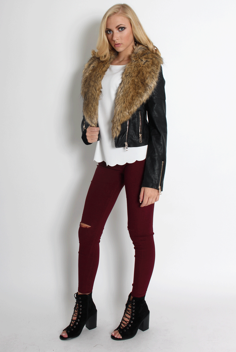 Pia Faux Leather Black Fur Jacket-Jackets