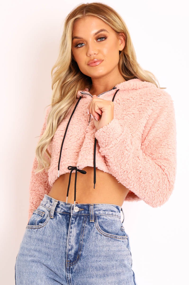Pink 3/4 Zip Cropped Teddy Jumper - Ethelyn-Jumper