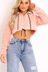 Pink 3/4 Zip Cropped Teddy Jumper - Ethelyn-Jumper
