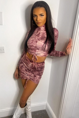 Pink Acid Print Ruched Crop Top & Mini Skirt Set - Tira