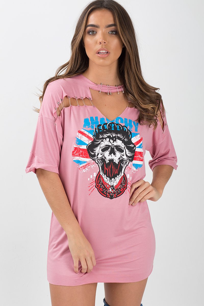 Pink Anarchy Cut Out Pin Detail T-Shirt Dress - Lollie-Dresses
