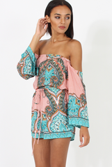Pink And Blue Paisley Bardot Playsuit - Aaliyah-Playsuits