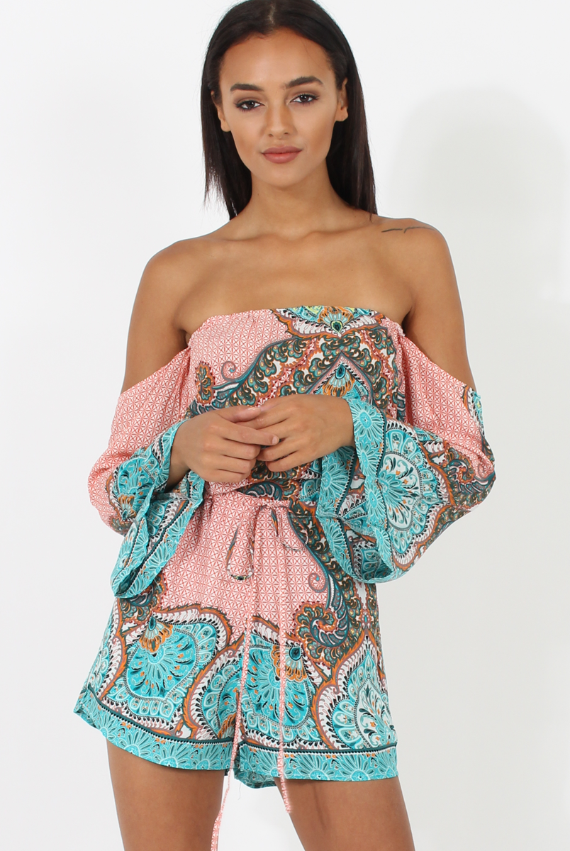 Pink And Blue Paisley Bardot Playsuit - Aaliyah-Playsuits