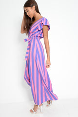 Pink And Lilac Plunge Wrap Belted Maxi Dress - Carri-Dresses