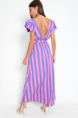 Pink And Lilac Plunge Wrap Belted Maxi Dress - Carri-Dresses