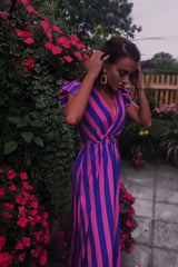 Pink And Lilac Plunge Wrap Belted Maxi Dress - Carri-Dresses
