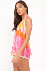 Pink And Orange Mirrored Plunge Halterneck Playsuit - Posy-Playsuits