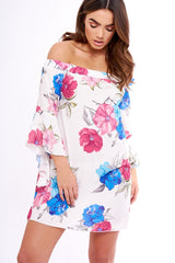 Pink And White Floral Bell Sleeved Bardot Dress - Cheynie-Dresses