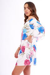 Pink And White Floral Bell Sleeved Bardot Dress - Cheynie-Dresses