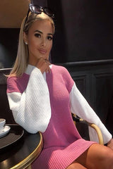 Pink And White Knitted High Neck Oversized Jumper - Cerina-Jumper