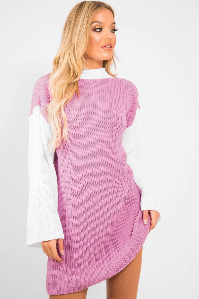 Pink And White Knitted High Neck Oversized Jumper - Cerina-Jumper