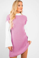 Pink And White Knitted High Neck Oversized Jumper - Cerina-Jumper
