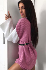 Pink And White Knitted High Neck Oversized Jumper - Cerina-Jumper