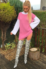 Pink And White Knitted High Neck Oversized Jumper - Cerina-Jumper