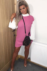 Pink And White Knitted High Neck Oversized Jumper - Cerina-Jumper