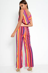 Pink And Yellow Plunge Wide Leg Jumpsuit - Saidi-Jumpsuits