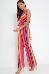Pink And Yellow Plunge Wide Leg Jumpsuit - Saidi-Jumpsuits