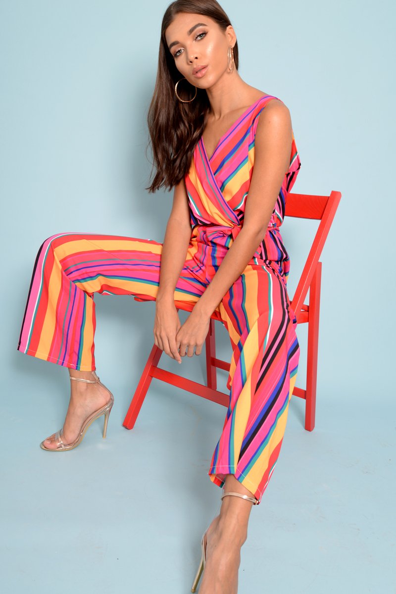 Pink And Yellow Plunge Wide Leg Jumpsuit - Saidi-Jumpsuits