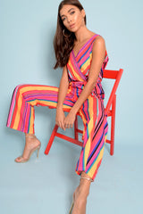 Pink And Yellow Plunge Wide Leg Jumpsuit - Saidi-Jumpsuits