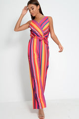 Pink And Yellow Plunge Wide Leg Jumpsuit - Saidi-Jumpsuits