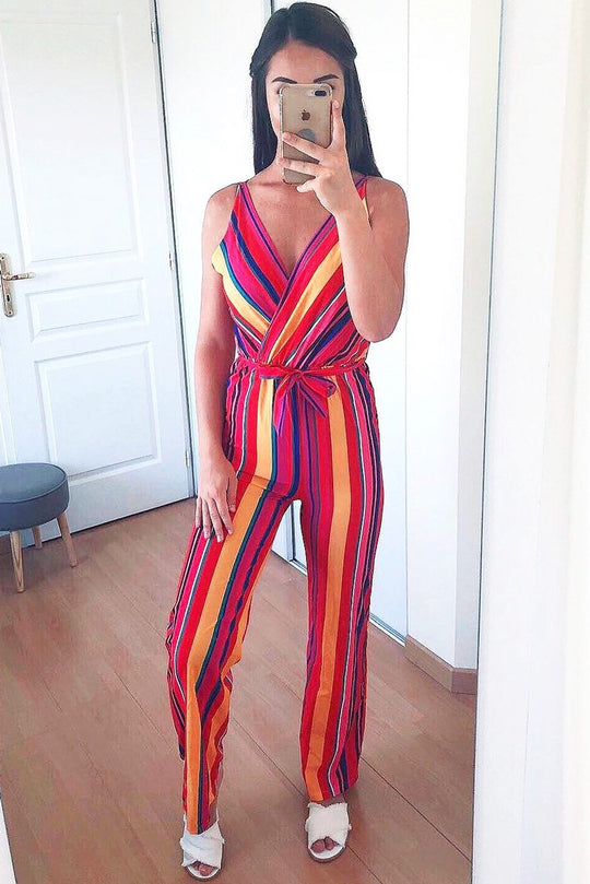 Pink And Yellow Plunge Wide Leg Jumpsuit - Saidi