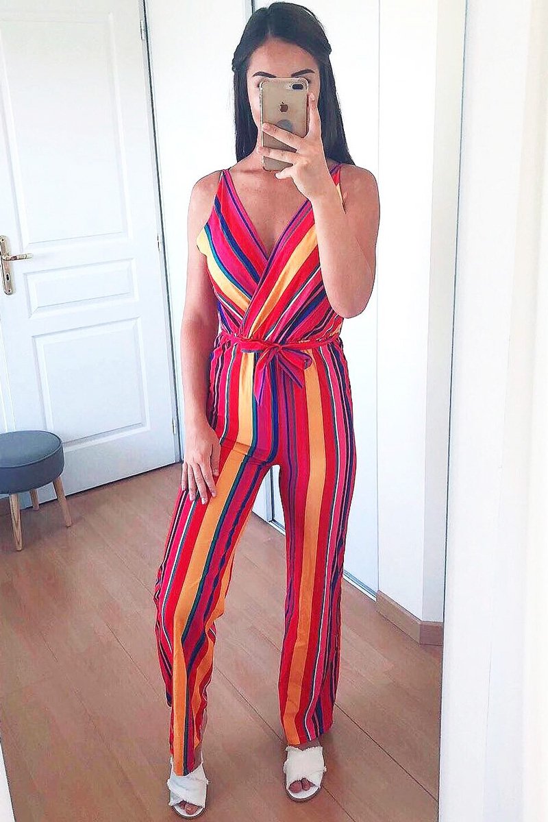 Pink And Yellow Plunge Wide Leg Jumpsuit - Saidi-Jumpsuits