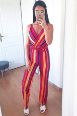 Pink And Yellow Plunge Wide Leg Jumpsuit - Saidi-Jumpsuits