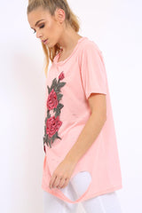Pink Applique Slashed Over Sized T-Shirt - Louella-Tops